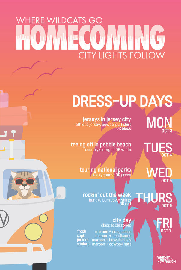 Homecoming Poster (R) - Personal contributions: Color palette choices, vehicle design, and luggage props). Made in collaboration with Clarissa Su (Background Design), Katelyn Vu (Guitar Design), and Kaylee Holyoak (Information Design).