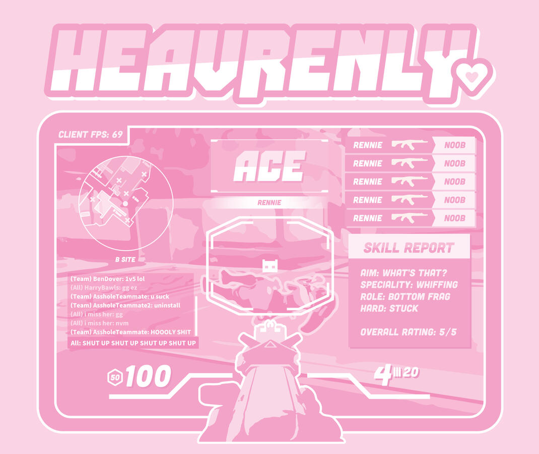 Mousepad Design - Composited fake gameplay using elements and repurposed assets from Valorant. Personalized to fit a cute pink aesthetic and was later printed into a physical mousepad.