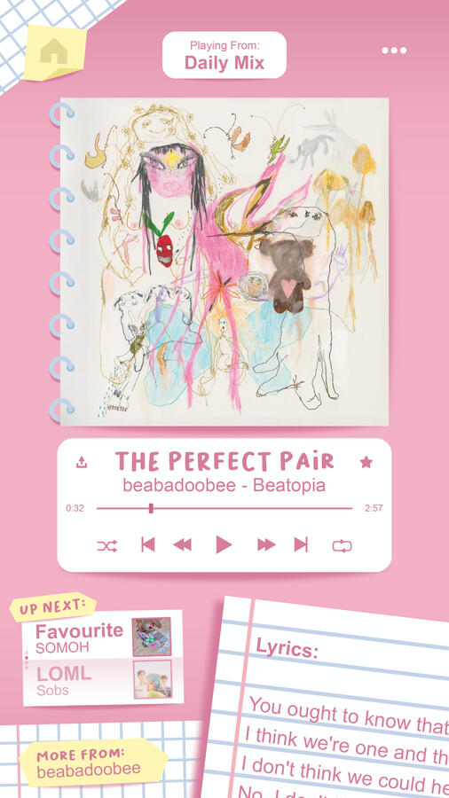Spotify Reskin - Created for an art class assignment. I was tasked with creating a redesigned UI/UX design of an audio app of my choice. I chose to reimagine Spotify in a pink, cutesy aesthetic that takes inspiration from scrapbooking and stationary.