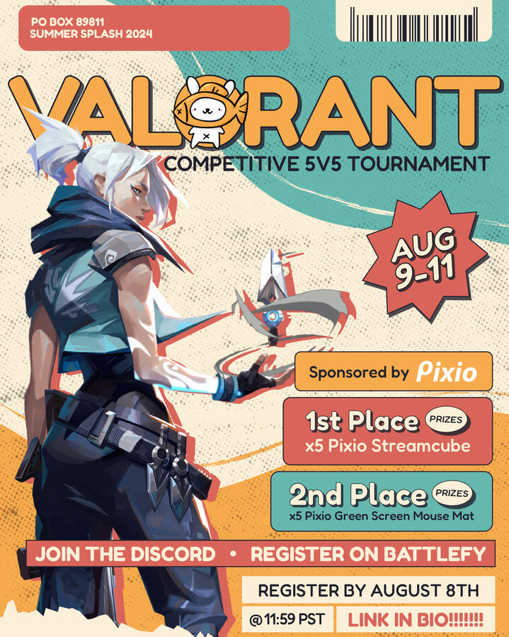 Summer Splash Valorant Tournament Social Media Graphic - Made in Adobe Illustrator for Summer Splash 2024, an online collegiate esports event. Solo Project.