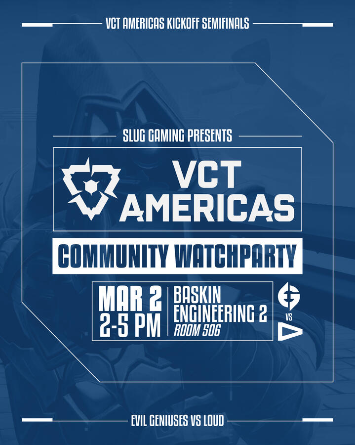 Valorant Watchparty Event Social Media Post - Solo Project - Made for Slug Gaming VCT Americas Community Watchparty. Follows official Slug Gaming branding guidelines and color palette. Made in Adobe Illustrator.
