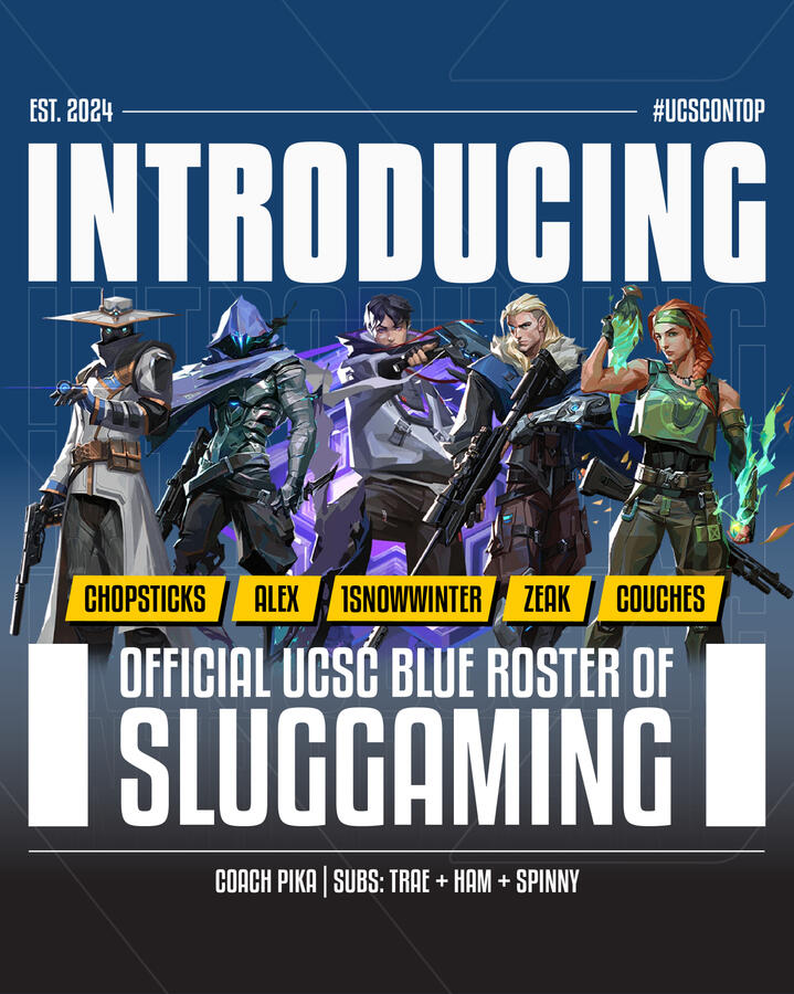 Slug Gaming Blue Roster 2024 - Solo Project - Created in Adobe Illustrator for introduction of 2024 UCSC Blue roster. Follows official Slug Gaming branding guidelines and color palette.